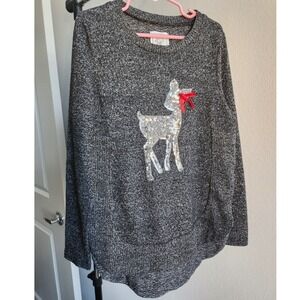 Carlotte Girls Gray Marled Sequin Reindeer Christmas Sweater Size M 10/12